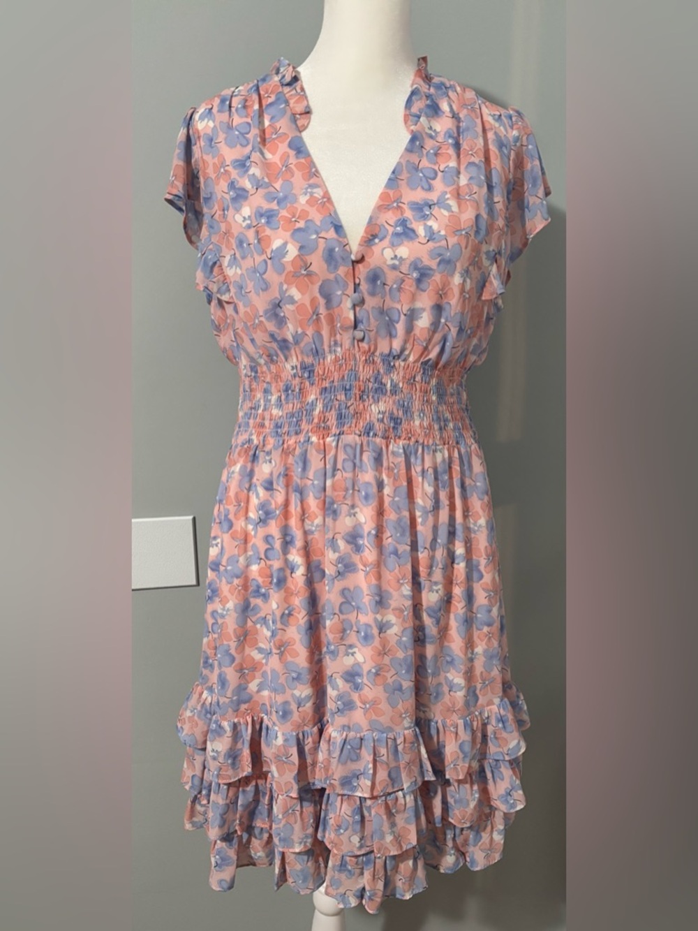 Sugarlips Pink & Lavender floral smocked Ruffle Mini Dress Size L